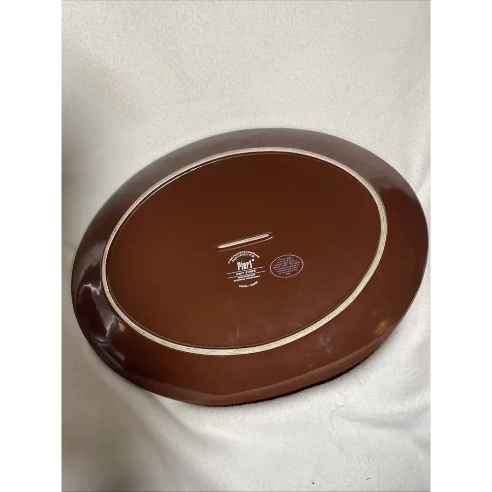 Pier 1 Wavy Multi Color Hand Painted Stoneware Oval Serving Platter 16
